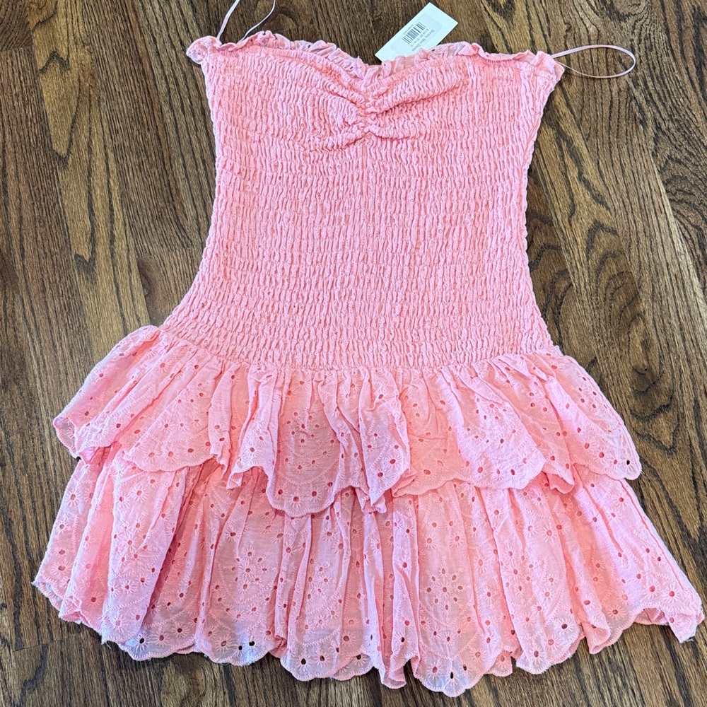Strapless Pink Mini Dress with Ruffled Eyelet Skirt